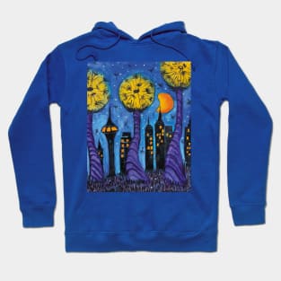 Night city with skyscrapers in the style of a dandelion world Hoodie